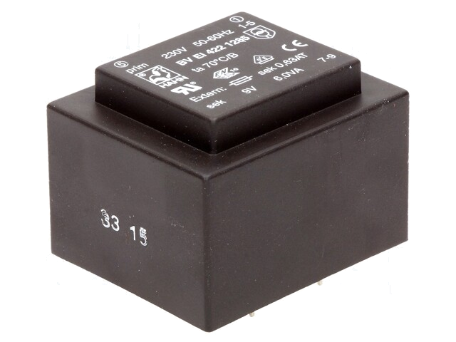 Transformator: ingegoten; 6VA; 230VAC; 9V; 667mA; PCB; BVEI Transformator: ingegoten; 6VA; 230VAC; 9V; 667mA; PCB; BVEI